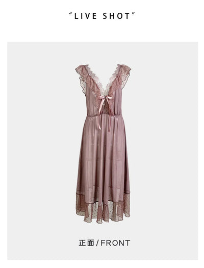 Women's Sexy Lingerie Nightgown Semi Sheer Babydoll Sleepwear Dress With Polka Dots Bow Knot Decor Summer Mesh V-Neck Loungewear