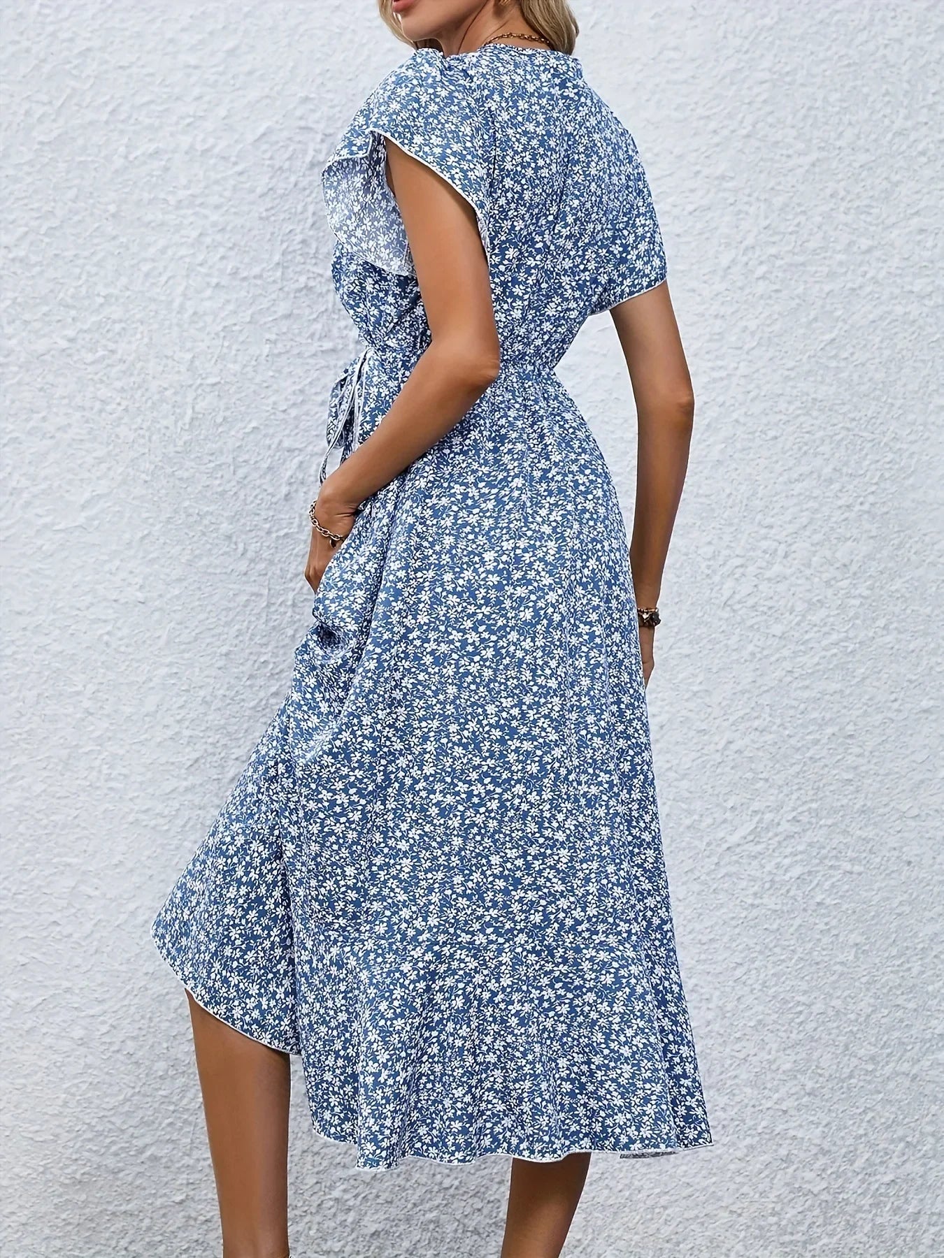 Summer Dresses for Women Sexy V Neck Short Sleeve Irregular High Waist Lace-up Flower Print Dress Casual Beach Dresses