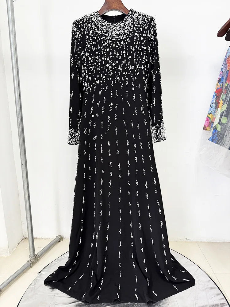 HIGH STREET Newest Fashion 2025 Designer Maxi Dresses Women's Formal Long Sleeve Luxurious Beaded Long Maxi Dress