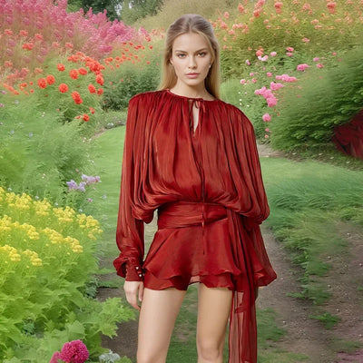 Ruffles Mini Dress Women Lace Up  V Neck Long Sleeve Pleated Female Dresses 2025 Elegant Summer Autumn Street Loose Ladies Robes