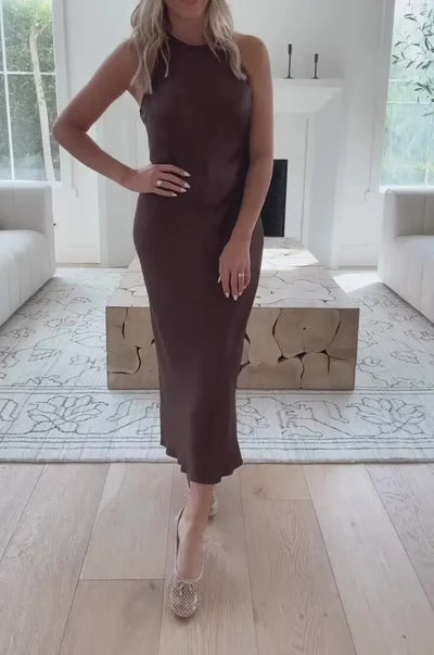 Women's Elegant Satin Sleeveless Midi Dress Fashion Solid Color O Neck Slim Fit Dresses Female Stylish Street Party Vestido 2024
