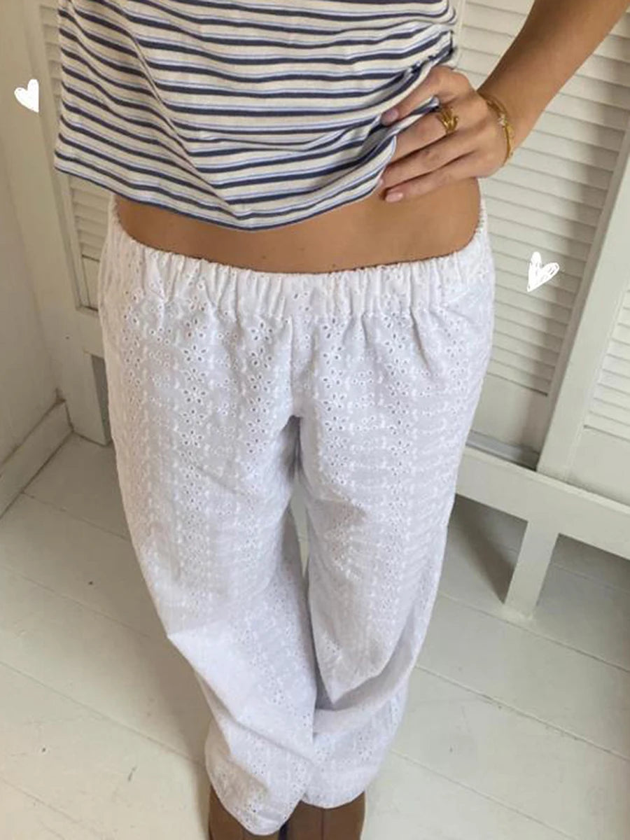 Women Y2k Lounge Pants Elastic Waist Wide Leg Comfy Trousers Flower Embroidery Going Out Pants Streetwear