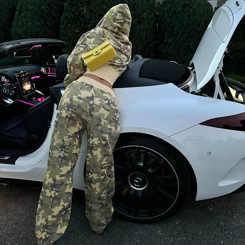 Camouflage Print Loose Casual 2 Piece Set Women Tracksuits Full Sleeve Zipper Hooded Sweatshirts Top + Wide Leg Pants Suits