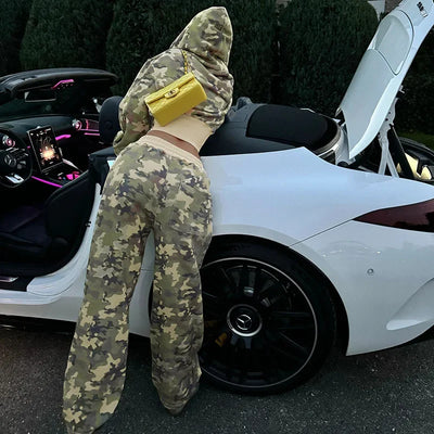 Camouflage Print Loose Casual 2 Piece Set Women Tracksuits Full Sleeve Zipper Hooded Sweatshirts Top + Wide Leg Pants Suits
