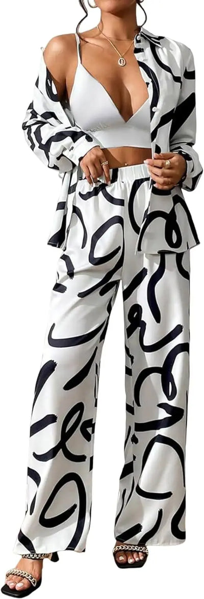 Women Clothing 2024 Autumn New Fashion Print Set Casual Button Collar Shirt Long Sleeved Wide Leg Pants Long Pants Two-piece Set