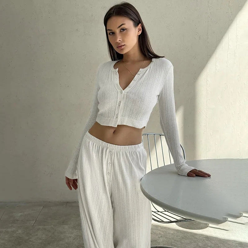 Women Homewear Two Piece Pajamas Set Elegant Long Sleeve Crop Top Wide Leg Pants Suit Outfits Loungewear Sleepwear Pyjamas