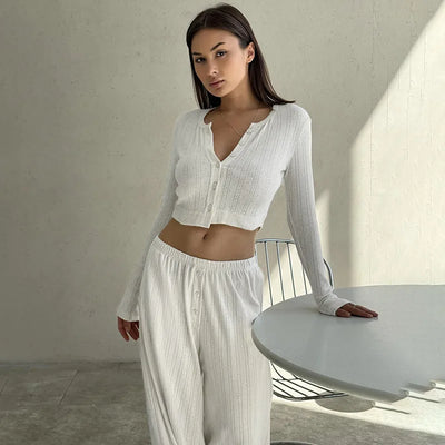 Women Homewear Two Piece Pajamas Set Elegant Long Sleeve Crop Top Wide Leg Pants Suit Outfits Loungewear Sleepwear Pyjamas