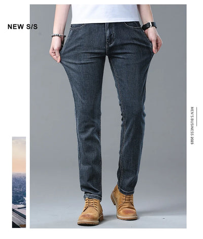 2024 Spring Summer New Men's Slim Thin Jeans Retro Light Blue Cotton Stretch Denim Pants Male Fashion Casual Brand Trousers
