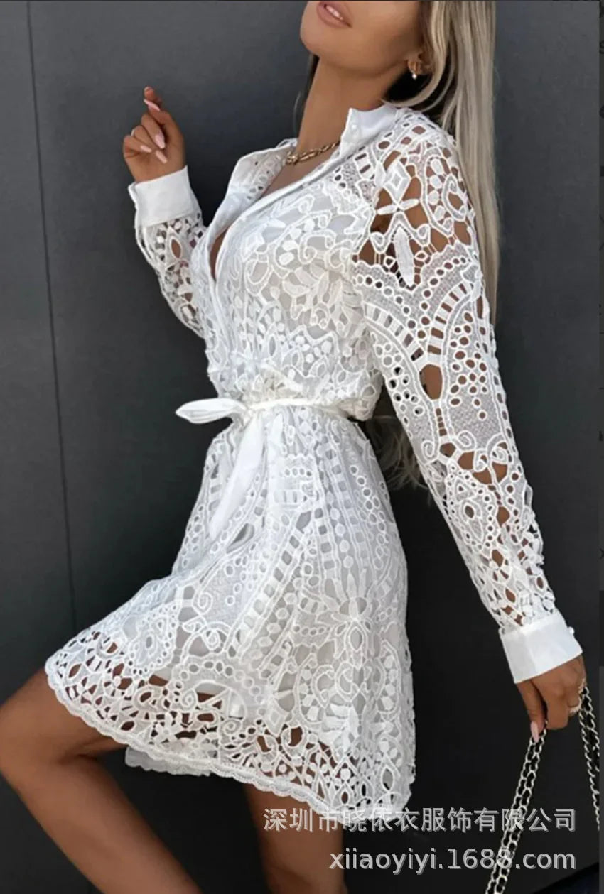 Elegant Shirt Dress Women Sexy Hollow Out Lace Dresses Spring Autumn Button Lace-up Office Lady Mini Dress Female