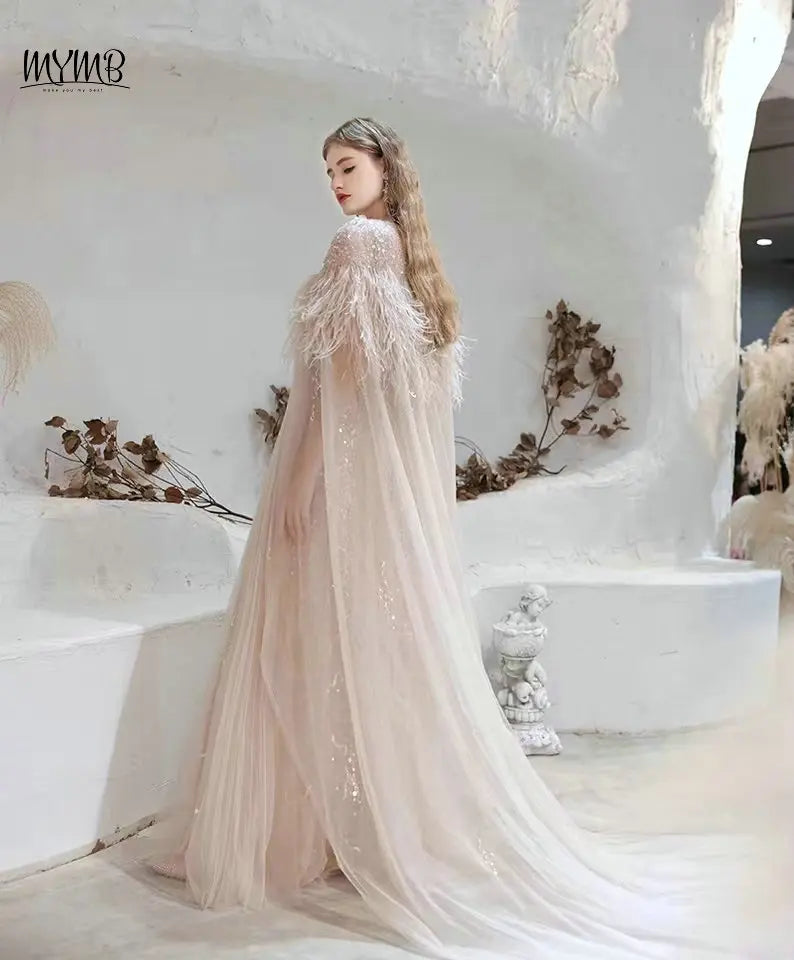 MYMB Arabic A-Line Women's Formal Engagement Dresses Gorgerous Beaded Wedding Prom Party Gown with Feathers Cape Shawl DKN0304