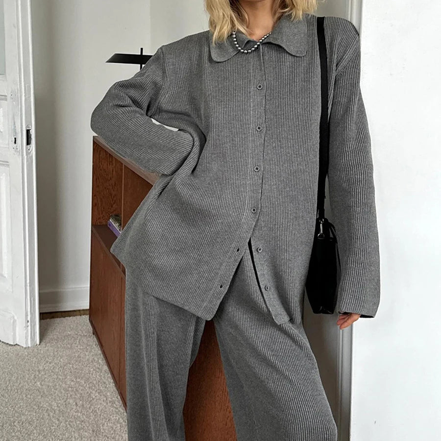 2025 Autumn Street Outfits Knitted Cardigan Pants Sets Women Single Breasted Lapel Sweater High Waist Wide Leg Trousers Suit