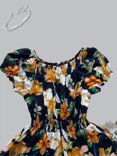 Women's Floral Summer Fashion Women's Print One-line Shoulder Dress Summer Beach Vacation Dress Causul Dress for Women