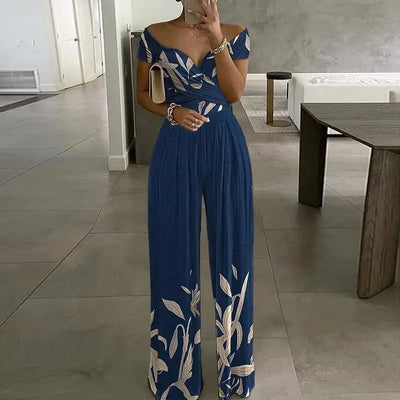 Women's Fashion Printed Casual High Waist Jumpsuit Ladies Sexy Off Shoulder Flower Short Sleeve Wide Leg Jumpsuit Woman Rompers
