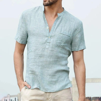 Linen Cotton Men's Shirt Henry Collar and Beach Pocket Casual Short Sleeved T-shirt Solid Color T-shirt Retro Streetwear
