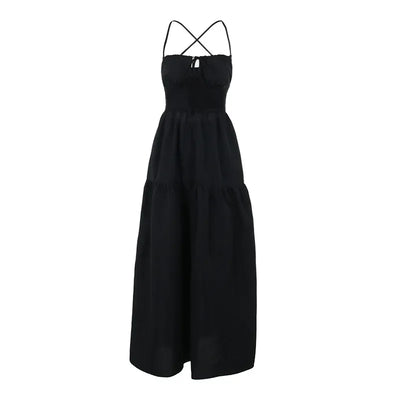 BOOFEENAA Halter Backless Maxi Long Dress Sexy Vacation Outfits White Black Summer Dresses for Women Clothes 2024 C66-CH28