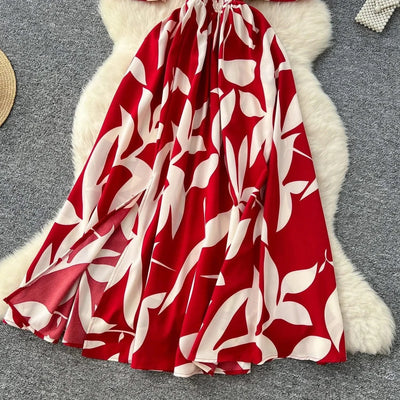 Summer Beach Women Floral Party Dress Summer New Maxi Long Dress Elegant Casual Leaf Printed Hem Dress Vestidos Female