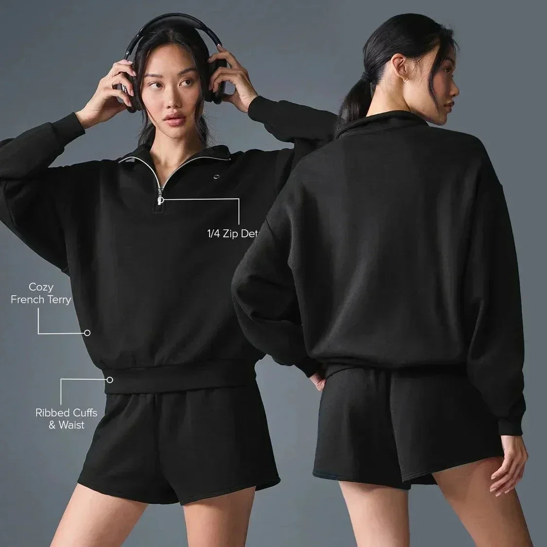 Women Sweatshirt  Accolade 1/4 Zip Pullover Yoga Leisure Top Stand Up Collar Coat Hoodie Fitness Loose Wide Leg Shorts Sport Set
