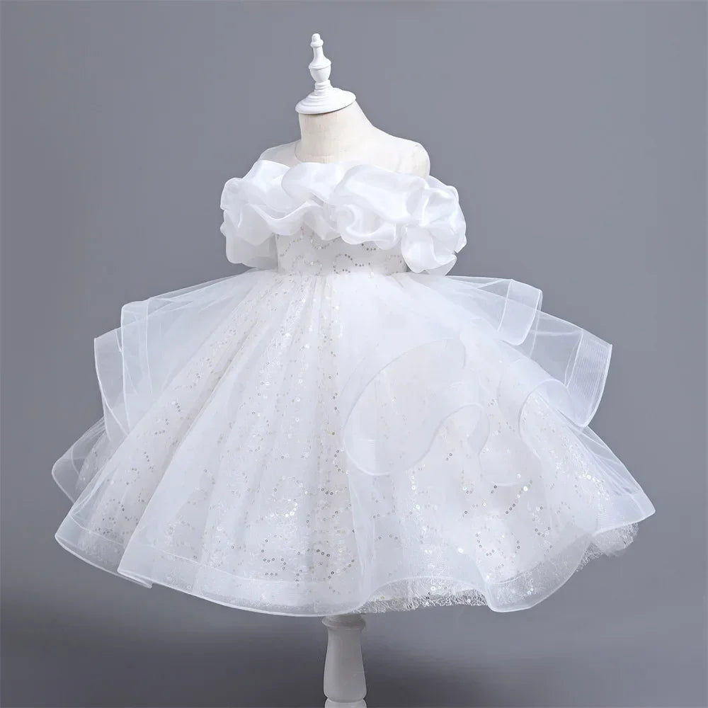 New Girl's Wedding Evening Dress Petal Sequin Mesh Sleeveless Dress Birthday Party School Graduation Party Dress