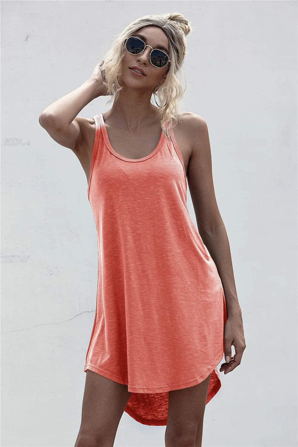 Summer Tank Dress Sleeveless Solid O-neck Loose Off Shoulder Asymmetrical Women Midi Dresses Streetwear