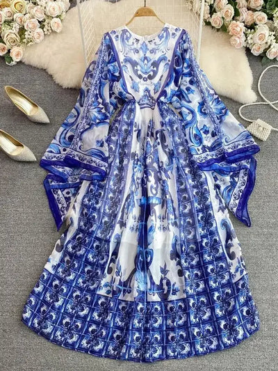 Women Clothing O Neck Flare Sleeve Large Swing Maxi Dress New Summer Bohemian Blue And White Porcelain Print Chiffon Vestidos