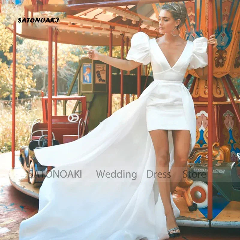 Customized Elegant V-Neck Satin Sheath Short Wedding Dress for Bride Puff Sleeves Bridal Gowns Backless Party Vestidos De Novia