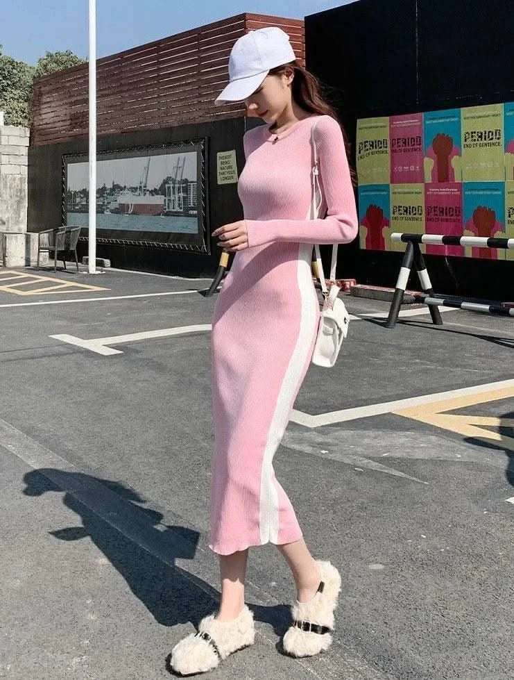 Pink Woman Dress Black Bodycon Maxi Knitted Robe Long Dresses for Women Evening Crochet Round Neck Clothes Sensual Sexy Hot Y2k
