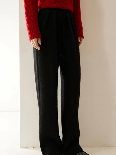 ADDONEE Women 100% Cashmere Pants Pleated Waist Wide Leg Pants Casual Simple Style Autumn Winter Cashmere Knit Trousers Luxury