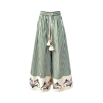 TIYIHAILEY Wide Leg Long Pants For Women Cotton Trousers Elastic Waist Casual Striped Embroidery Ladies 2025 New Fashion