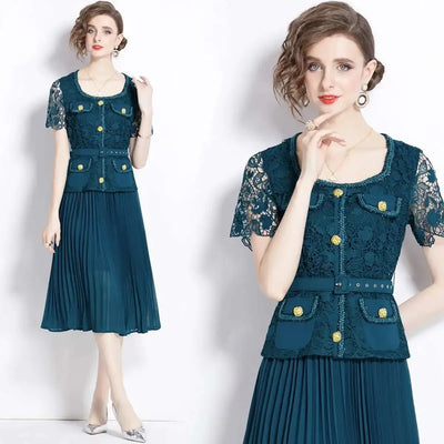 Luxury Evening Dress Women Summer Vacation Short Sleeve Pleated Lace Chiffon Long Dresses White Single Breasted Midi Party Robe