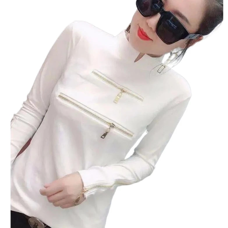 Zipper Deco Women T-shirts Femme Strechy Cotton T-shirts Lady Zipper Pullovers Tp[s