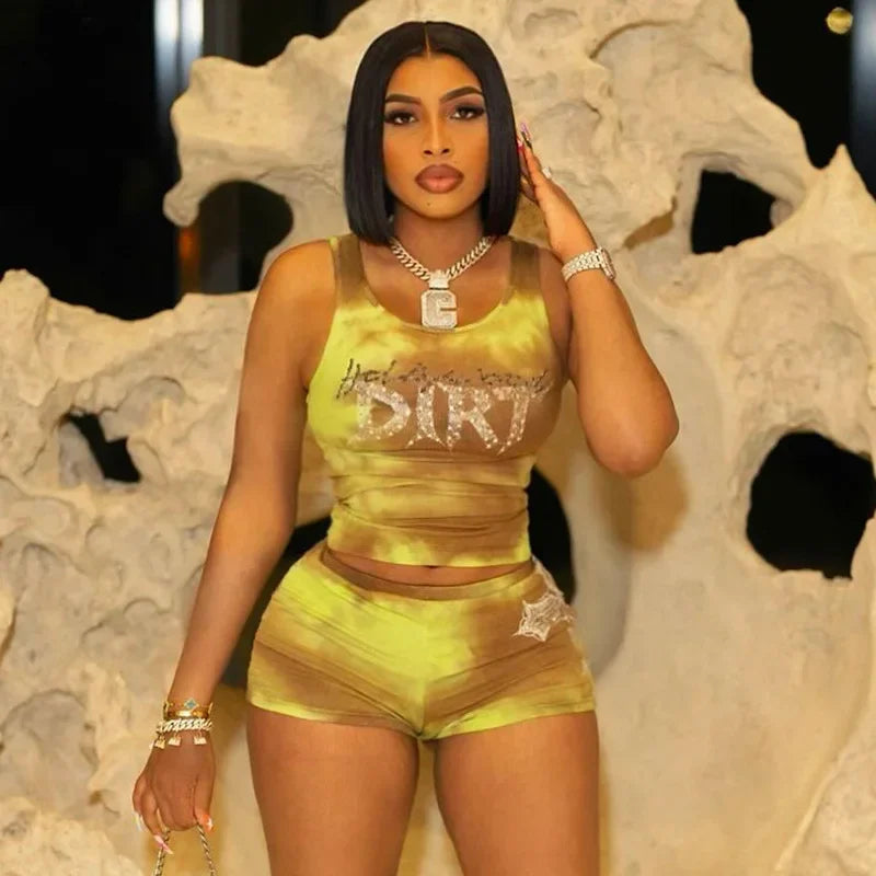Sexy Biker Short Set Outfit Women 2025 Summer Fashion Tie Dye Print Diamonds Letter Rib Tank Top and Shorts 2 pcs Workout Sets