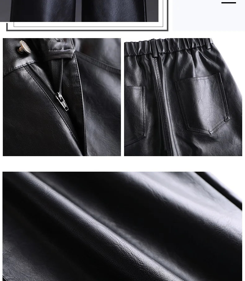 Women  Wide Leg PU Leather Pants  Autumn Winter Fashion Warm Long Pants Back Elastic Waist  Straight Elegant  Leather Trousers