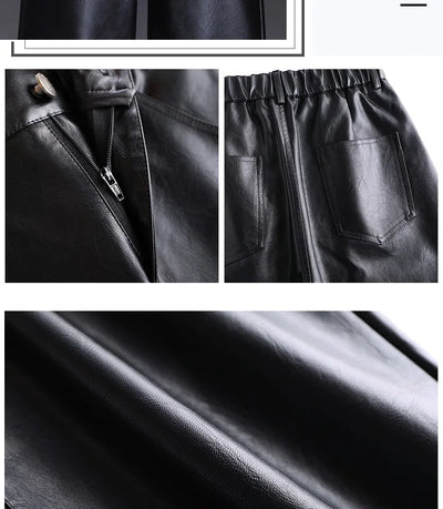Women  Wide Leg PU Leather Pants  Autumn Winter Fashion Warm Long Pants Back Elastic Waist  Straight Elegant  Leather Trousers