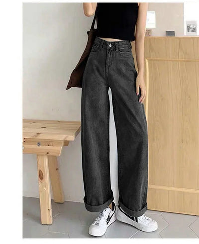 Loose Straight Cylinder Women Jeans High Waist Slimming Long Pants Trendy Cotton Fabric Comfortable Casual Style