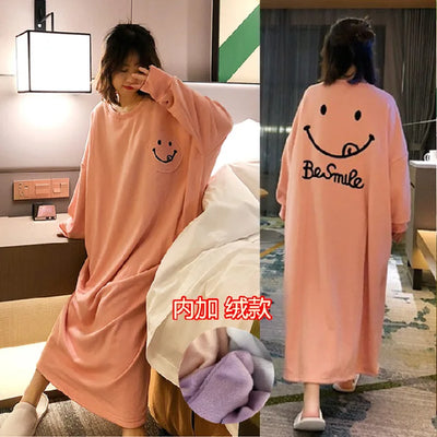 Female Loungewear Smiley Face Autumn Winter German Fleece Thickened Warm Long Nightgown Women Wearable Outdoors Lady Pajamas