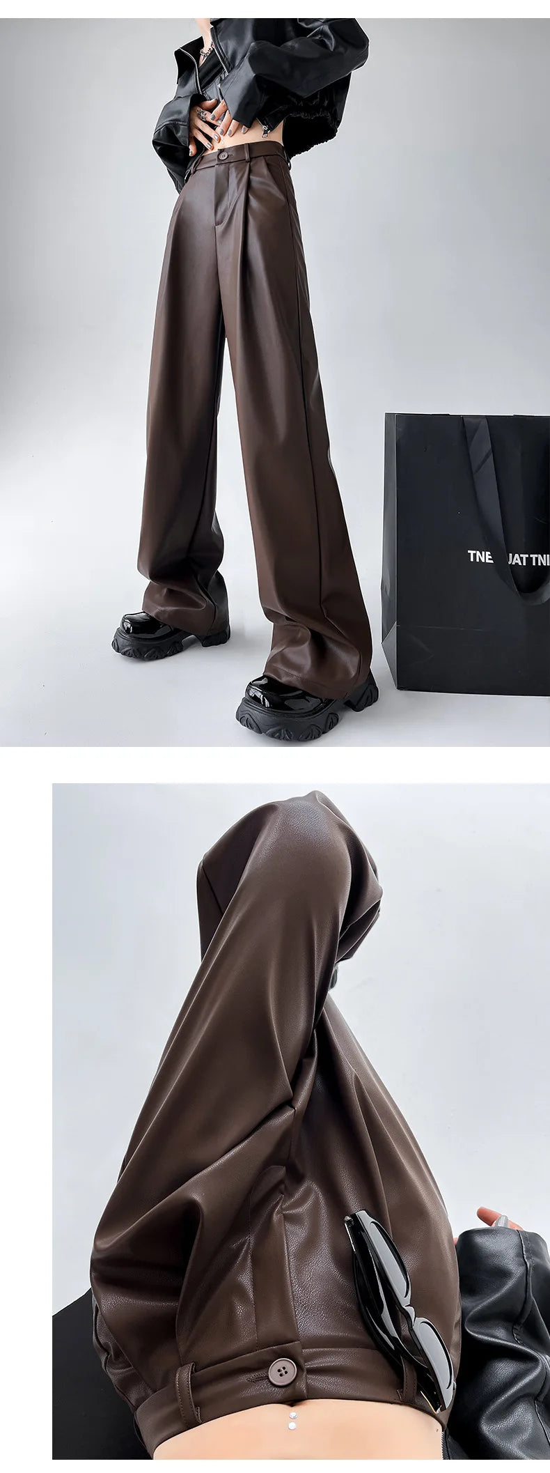 Women's Wide Leg Pants PU Straight Pants Autumn New Fashion Pantalones Mujer Solid Black Brown Leather Pants Women Streetwear