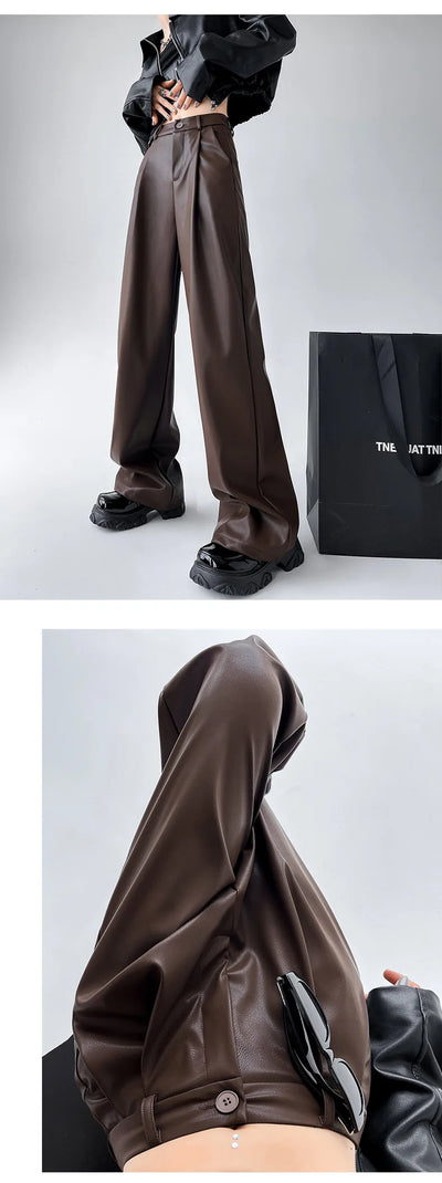 Women's Wide Leg Pants PU Straight Pants Autumn New Fashion Pantalones Mujer Solid Black Brown Leather Pants Women Streetwear