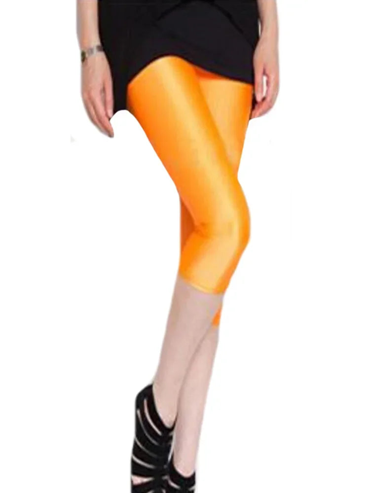CUHAKCI Fluorescent Color Women Leggings Shiny Leggins Spandex Pants Summer Super Elastic Fitness Capris