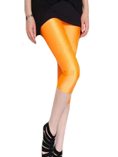 CUHAKCI Fluorescent Color Women Leggings Shiny Leggins Spandex Pants Summer Super Elastic Fitness Capris
