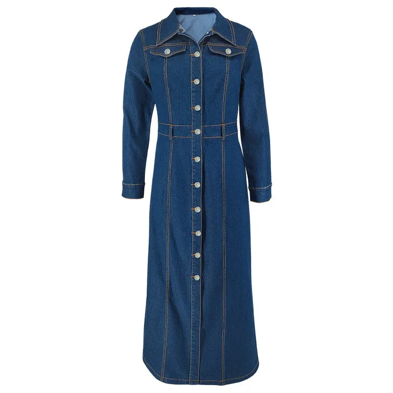 Denim Dress Women Long Dresses Spring Turn Down Collar Elegant Work Splice Vestidos Single Breasted A Line Y2k Tops Streetwear