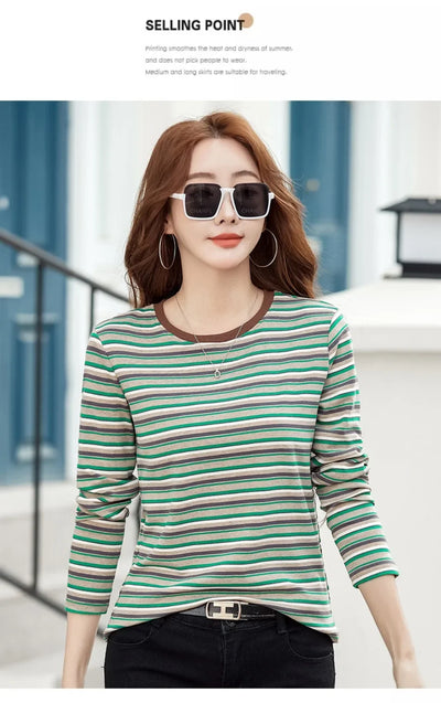 2024 New Women Clothing Crew Neck Striped Bottom Shirt Spring and Autumn Long Sleeve Tops T-Shirt Loose Interior Casual Top