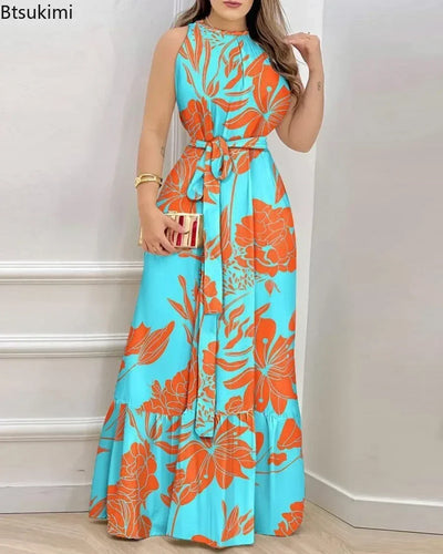 2025 Women's Elegant Floral Print Long Dresses Spring Summer Lace up Print Strap Dress Holiday Beach Female Robe Vesido Mujer