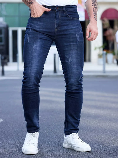 2025 Spring Autumn Men's Fashion Ripped Skinny Jeans Street Style Vintage Wash Solid Denim Casual Slim Fit Pencil Pants 28-36