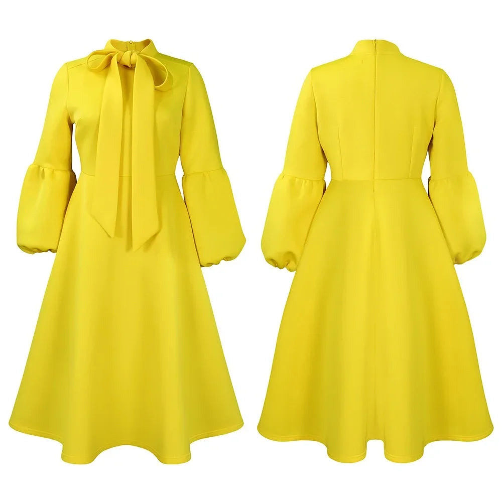 Elegant Dresses for Women Bow Collar Full Sleeve High Waisted Pleated Mid Calf Luxury Birthday Party Dinner Vestidos Mujer Dress