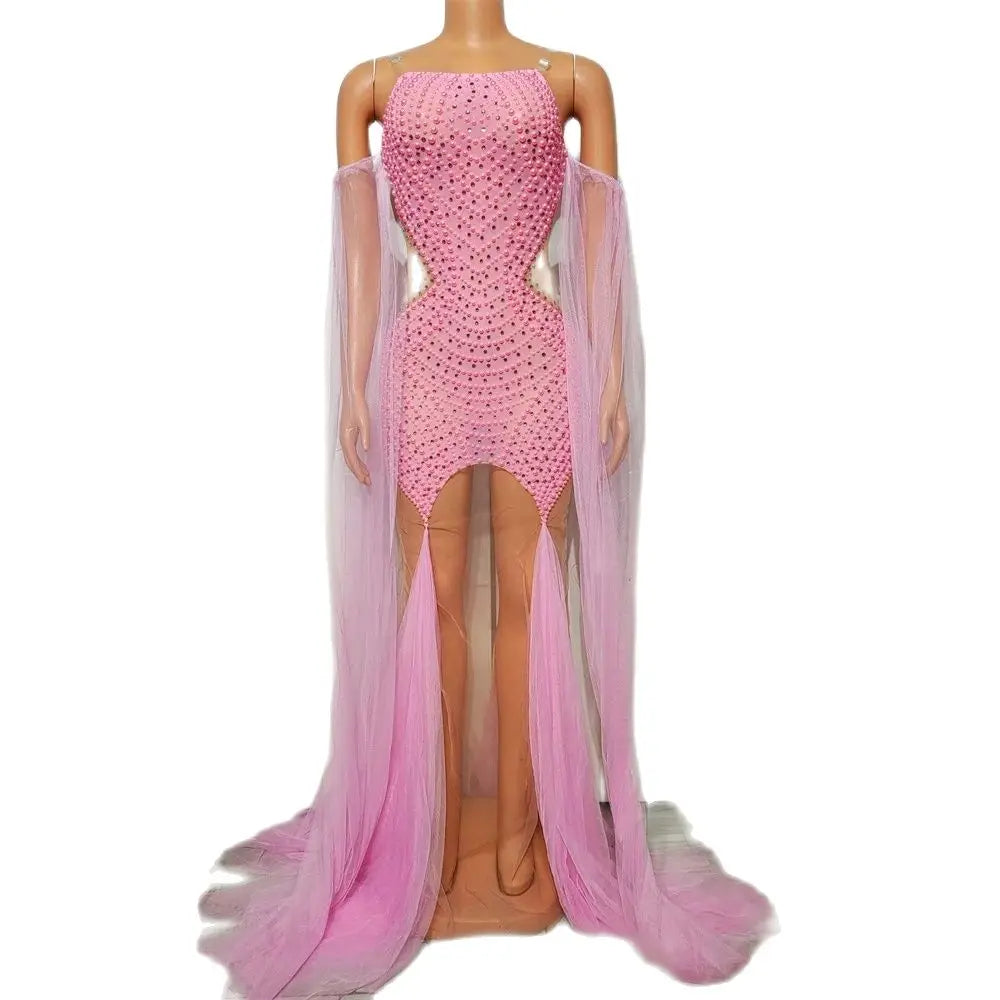New Pink Rhinestones Pearls Dress Sexy Mesh Party Evening Dresses Women Singer Festival Wear Stage Outfit Jazz Dance Costume