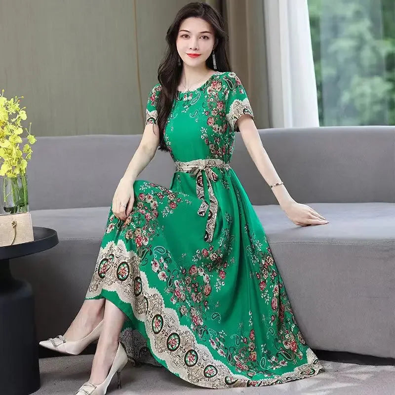 New Fashion 2024 Print Summer Dresses For Women Short Sleeve O-Neck Elegant Summer Dress Woman Clothing