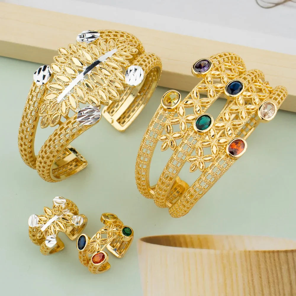 Luxury Bracelet Rings Dubai France Female 18k Gold Color Bangles For Women Bride Bangles Wedding Bracelet with Rings