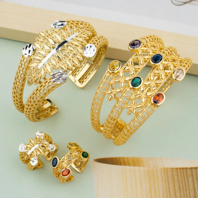 Luxury Bracelet Rings Dubai France Female 18k Gold Color Bangles For Women Bride Bangles Wedding Bracelet with Rings