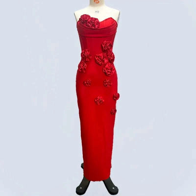 Pink Red Color Women Sexy Strapless Off the Shoulder Florals Bodycon Long Bandage Dress Celebrate Fashion Evening Party Outfit