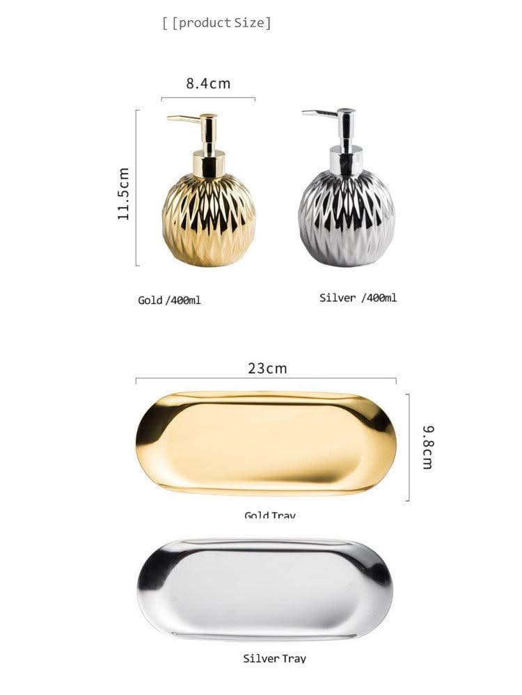 Luxury Gold Soap Dispenser with Press handle  Ceramic Dispenser Silver Dispenser with stainless steel Tray Bathroom Accessory